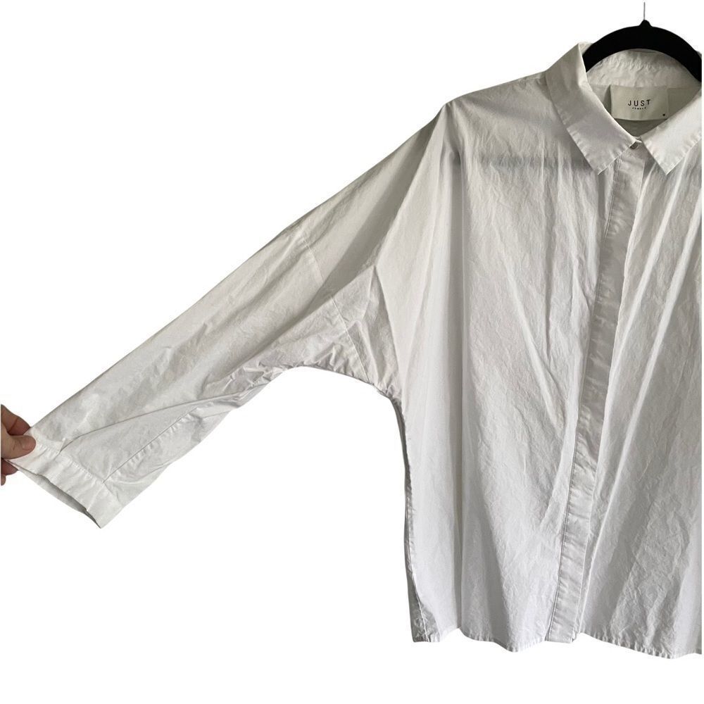 Just Female Cotton Hidden Button Front Blouse Shirt Dolman Ruffle White M